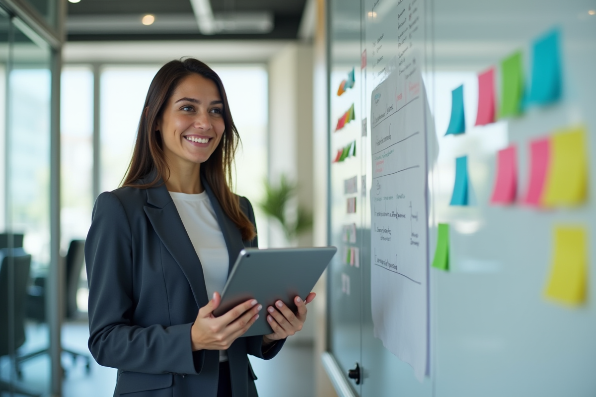Jeune femme marketing analysant un tableau blanc avec notes colorées