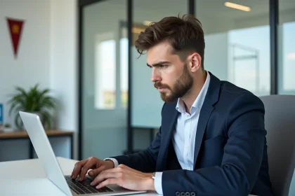 Jeune homme concentré utilisant un ordinateur dans un bureau moderne