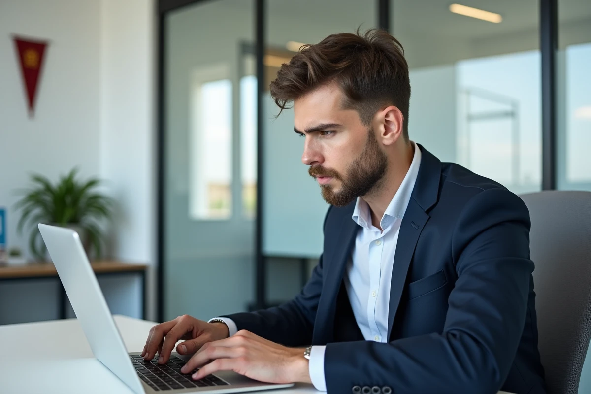 Jeune homme concentré utilisant un ordinateur dans un bureau moderne