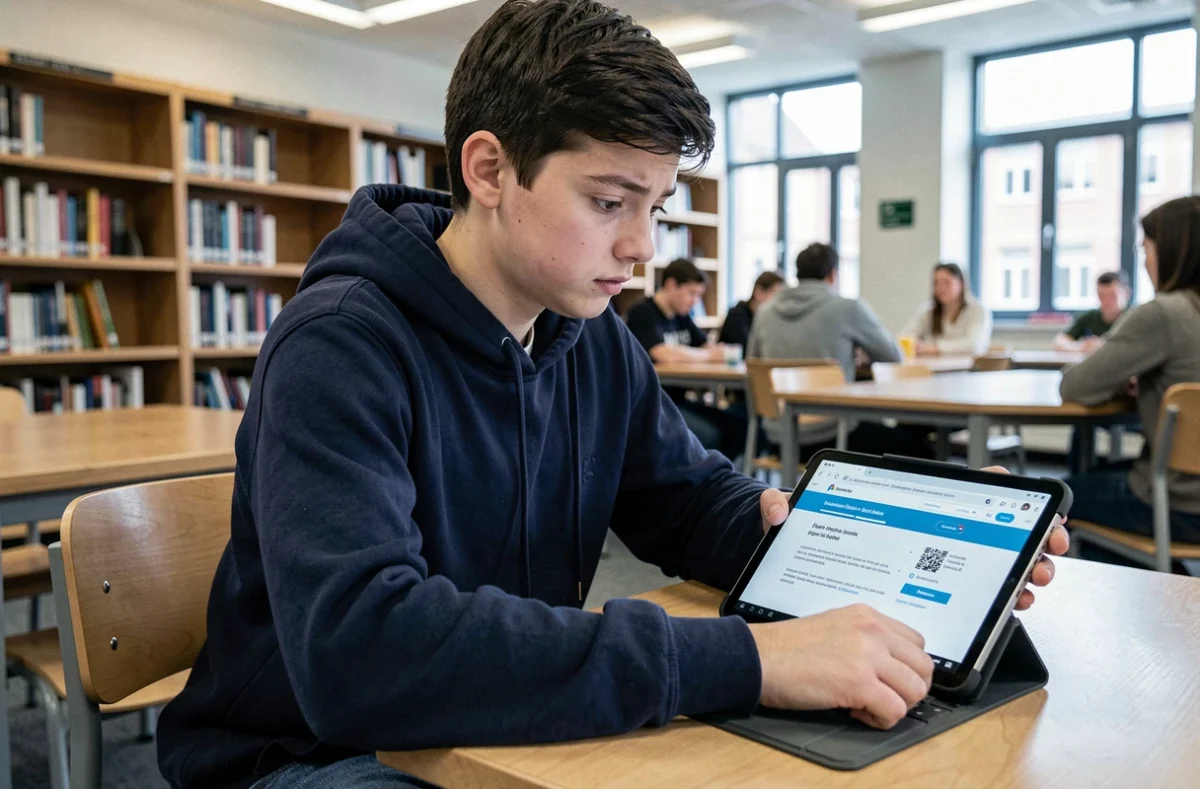 Élève lycéen configurant les réglages de sécurité de son compte Id ac Versailles sur une tablette en bibliothèque scolaire