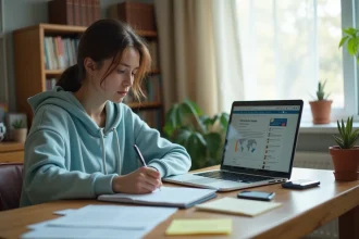 Lycéenne rédigeant sa fiche de suivi Parcoursup à son bureau, entourée de documents et d'un ordinateur portable