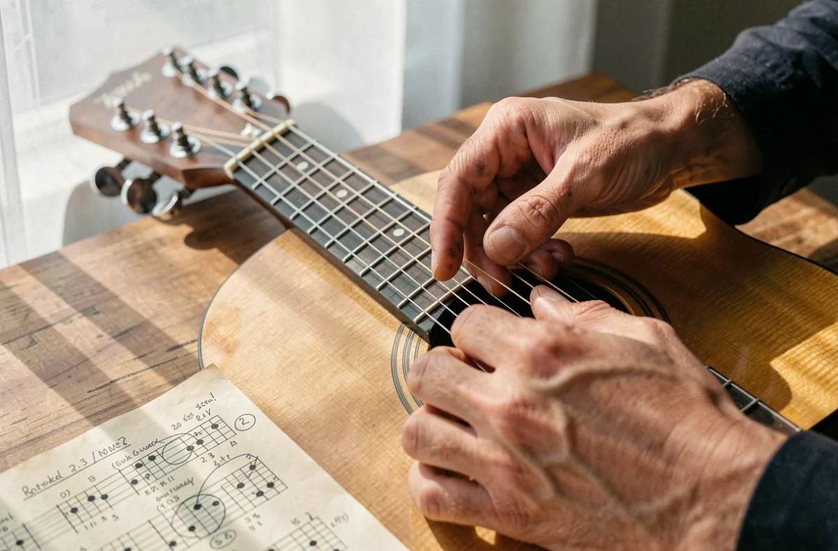 Gros plan sur les mains d'un guitariste jouant la tablature de Hallelujah avec des annotations manuscrites sur une partition posée sur la guitare