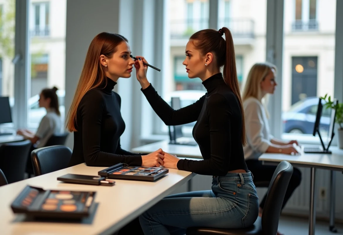 Jeune femme appliquant du maquillage à une modèle dans une salle moderne à Paris