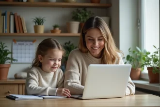 Maman et enfant concentrés à la cuisine chaleureuse