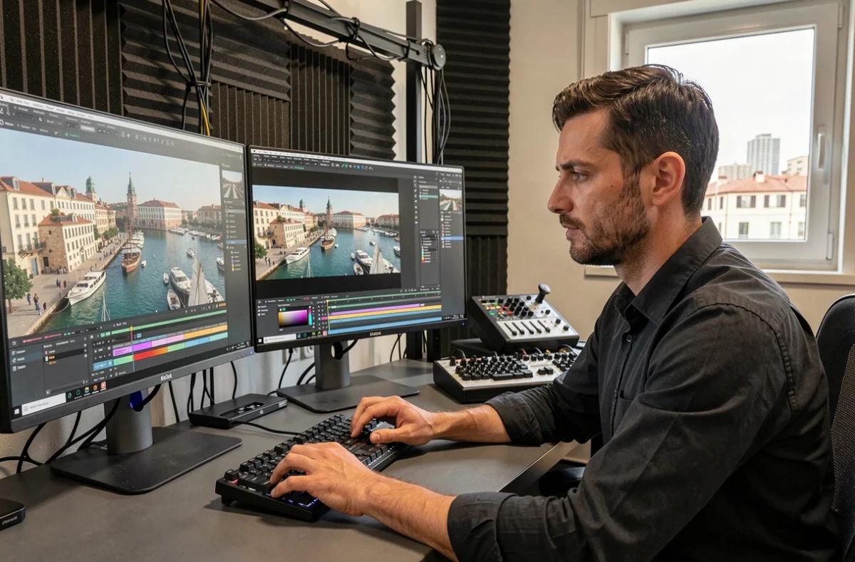 Étudiant en formation multimédia travaillant sur une station de montage vidéo dans un studio marseillais chez Mediamed