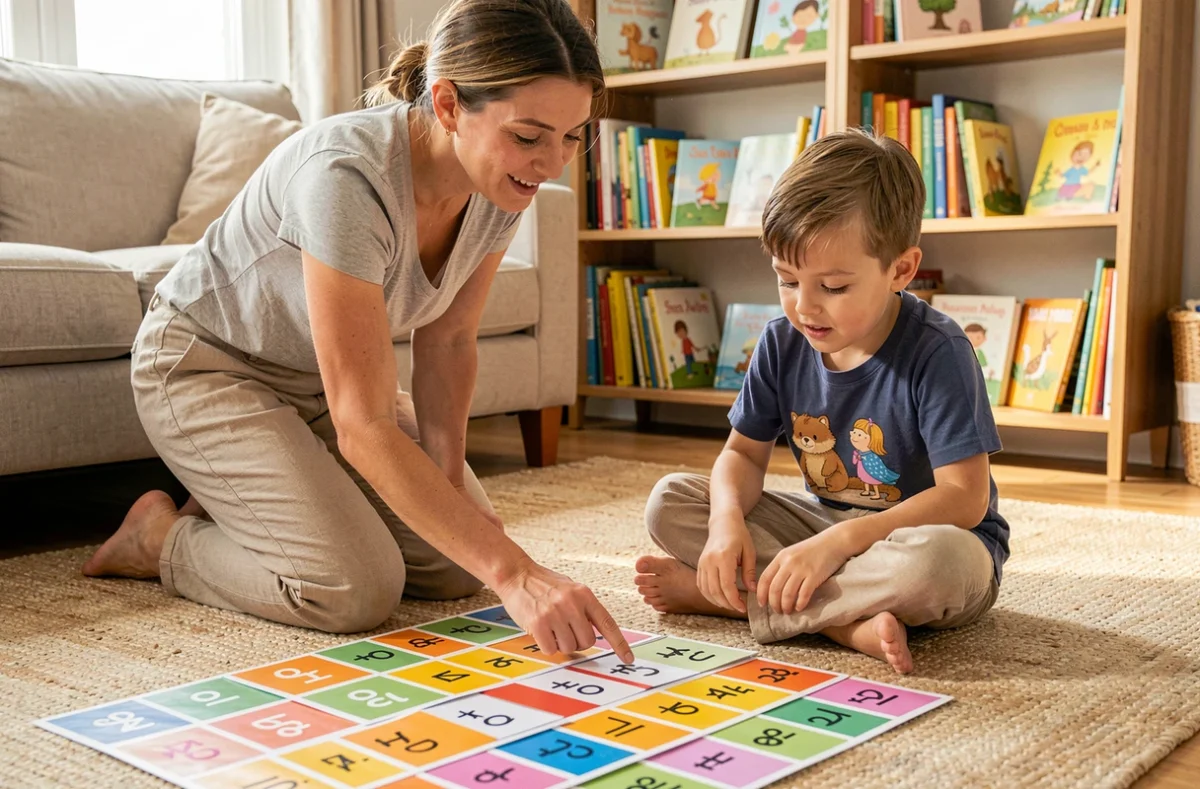 Mère aidant son fils à mémoriser la table de 8 grâce à des flashcards colorées posées sur un tapis de salon