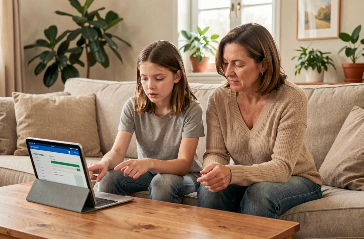 Mère et fille adolescente consultant ensemble les résultats scolaires sur la plateforme ENT Île-de-France via une tablette dans le salon