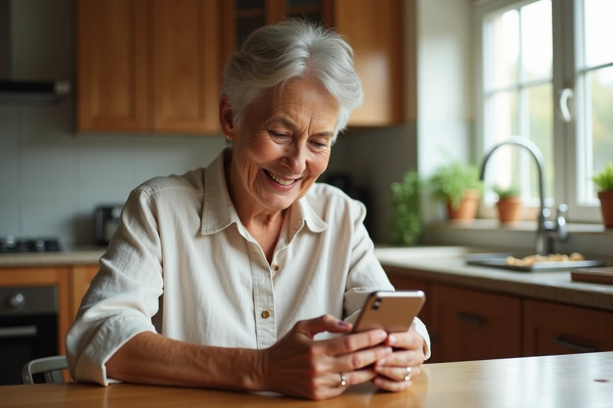 Femme tapant un SMS de félicitations pour le bac de son enfant dans une cuisine chaleureuse
