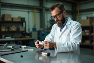 Ingénieur mesurant un cylindre en aluminium avec un pied à coulisse dans un atelier industriel