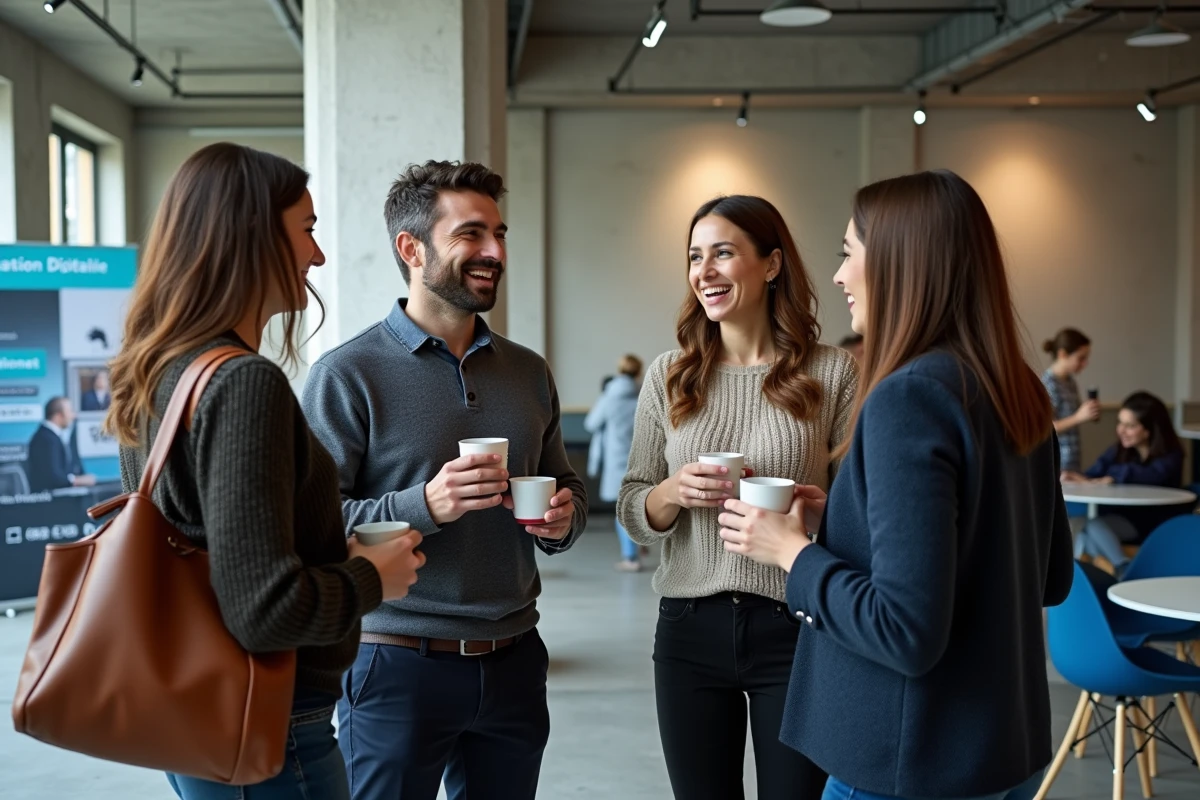 Groupe de professionnels en networking lors d'un événement de formation digitale à Paris