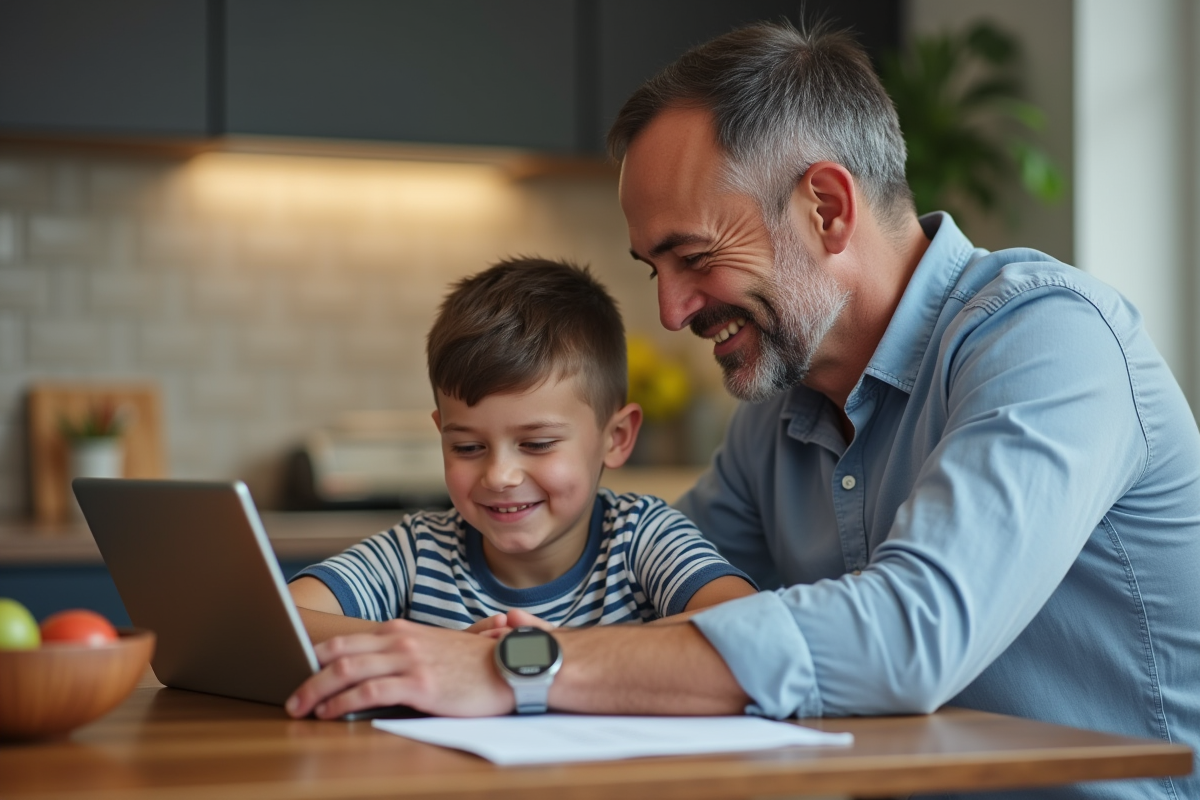 Père et fils regardant une tablette avec MBN à la table du repas