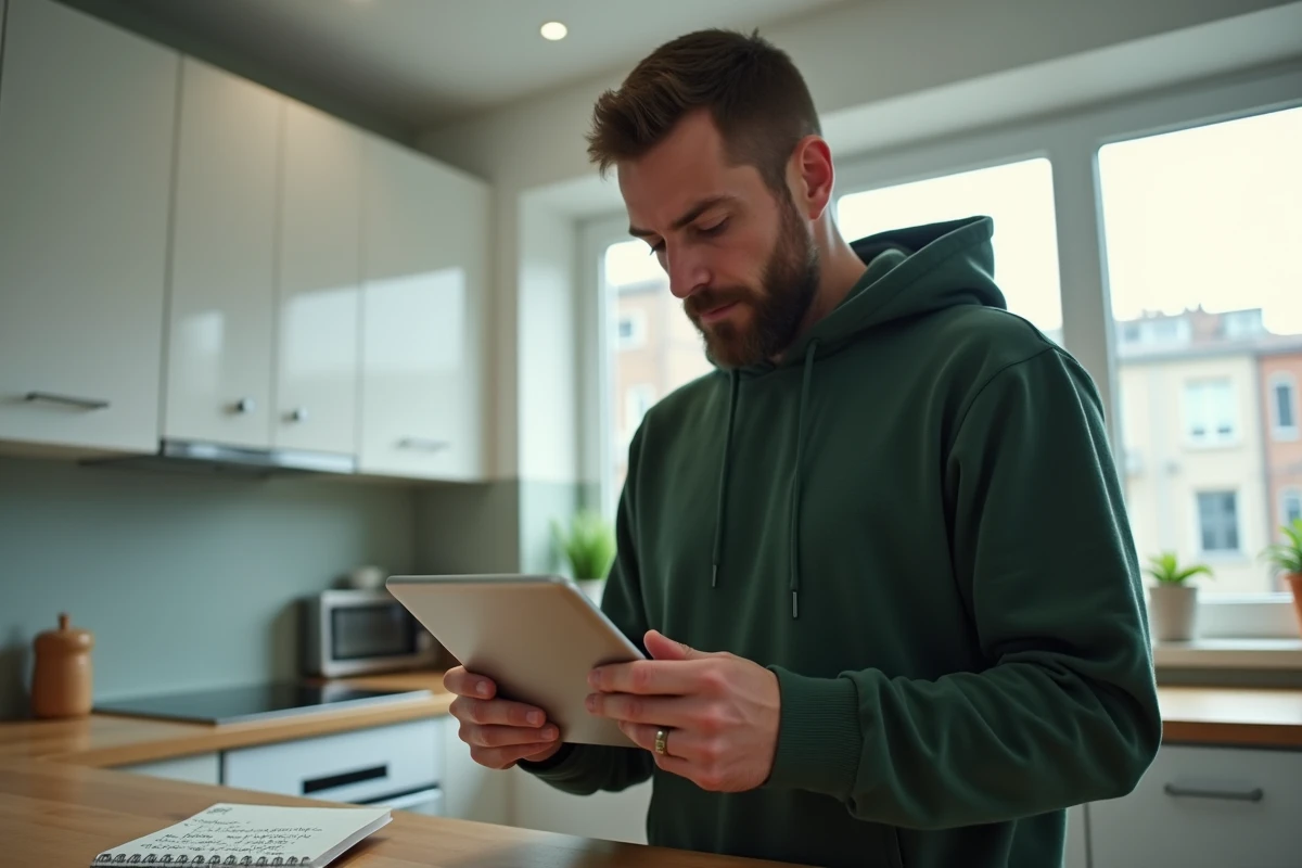Homme consultant les paramètres de configuration d'une messagerie webmail sur une tablette dans une cuisine