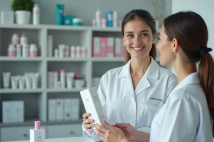 Une parapharmacienne en blouse blanche conseille une cliente devant un rayon de produits cosmétiques et santé en parapharmacie