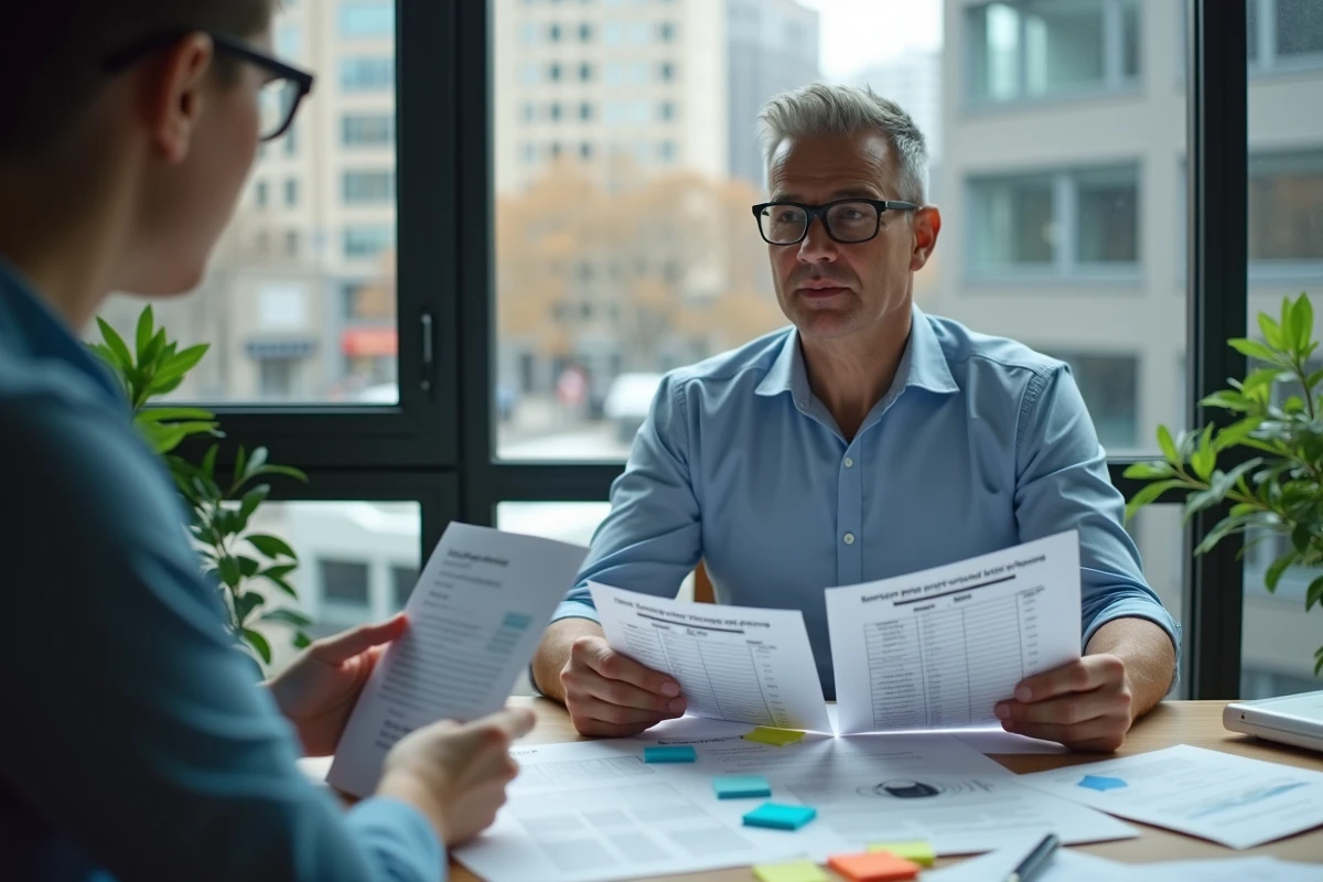 Père analysant et comparant plusieurs classements d'écoles de commerce dans son bureau à domicile