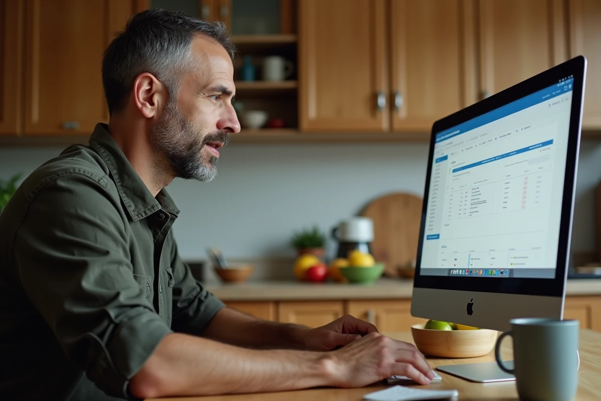 Parent consultant l'ENT scolaire sur ordinateur depuis la cuisine pour suivre les résultats de son enfant