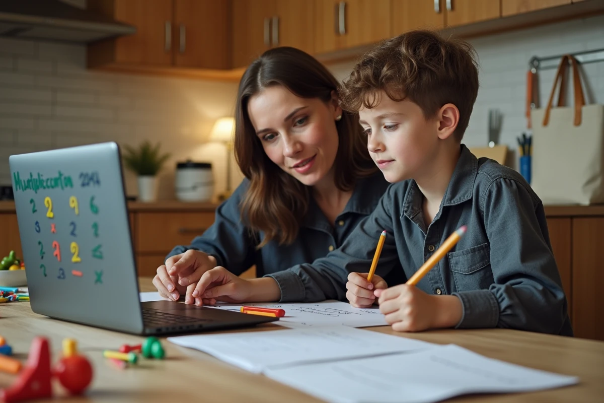 Mère aidant son enfant à préparer l'entrée au collège avec une table de multiplication interactive Montessori sur ordinateur