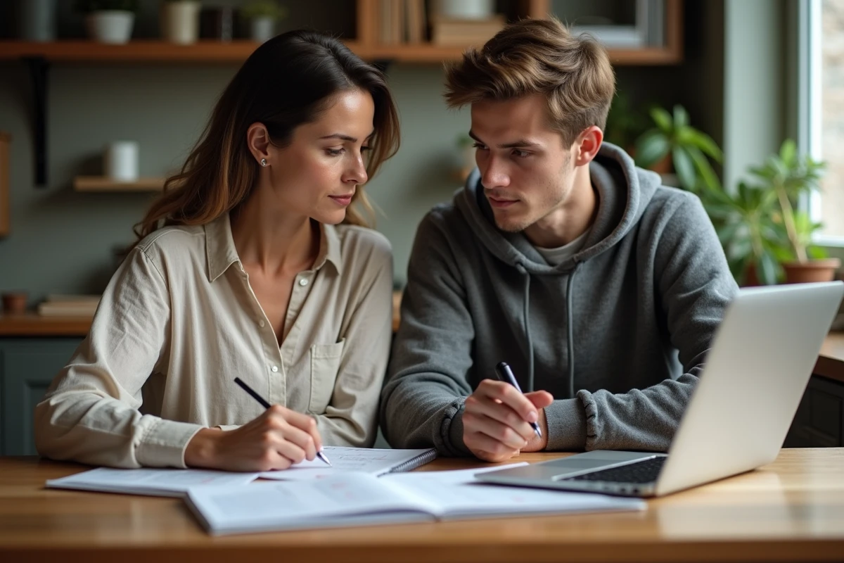 Mère et étudiant consultant ensemble un classement d'écoles de commerce sur ordinateur portable à la maison