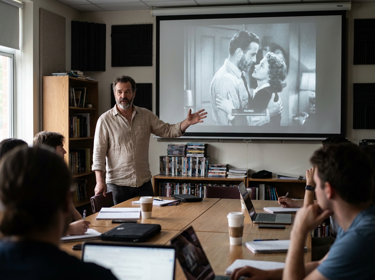 Professeur de cinéma animant une critique de film en classe avec des étudiants autour d'une table