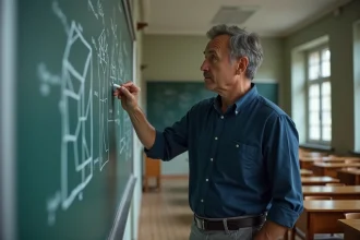 Professeur de mathématiques expliquant le volume et l'aire d'un cube au tableau de classe avec des formules géométriques