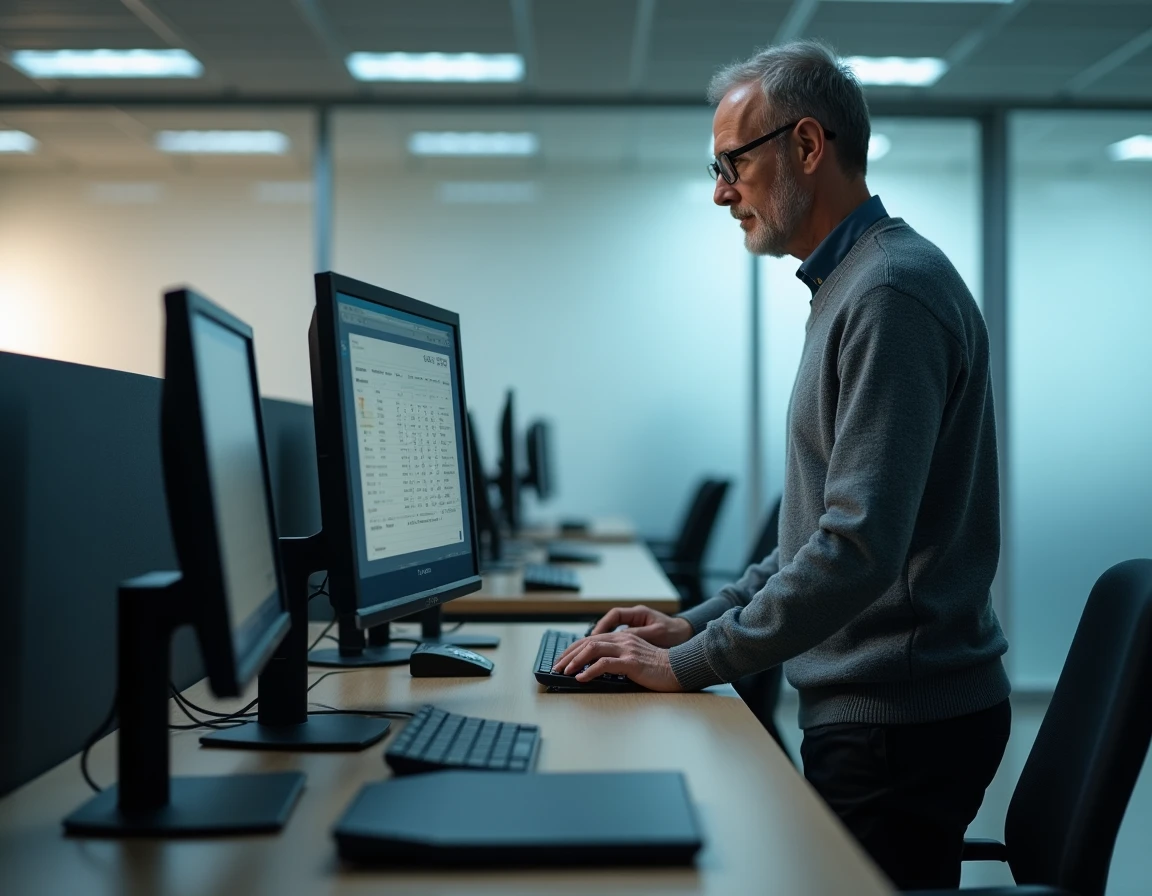 Professeur masculin consultant le portail e-service UHA dans une salle informatique universitaire pour organiser les examens