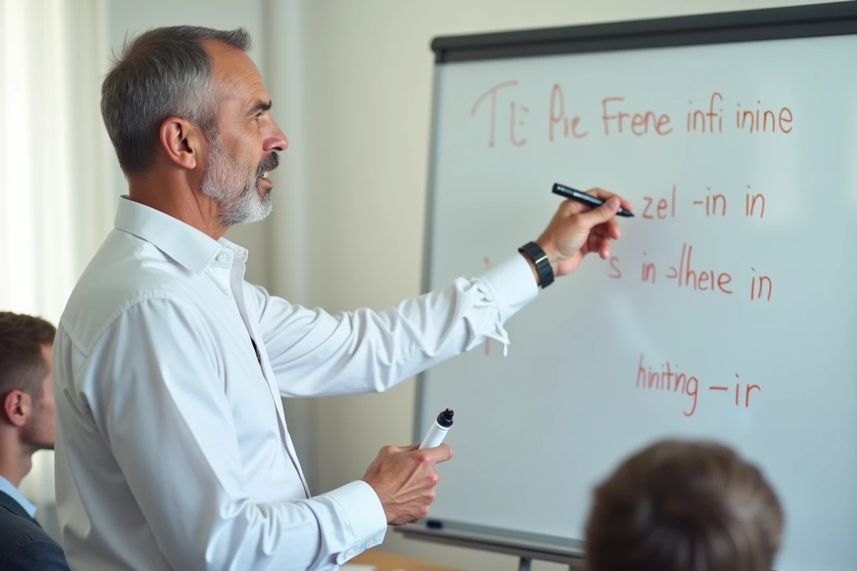 Professeur expliquant les verbes du 2ème groupe au tableau blanc dans une salle de cours pour adultes