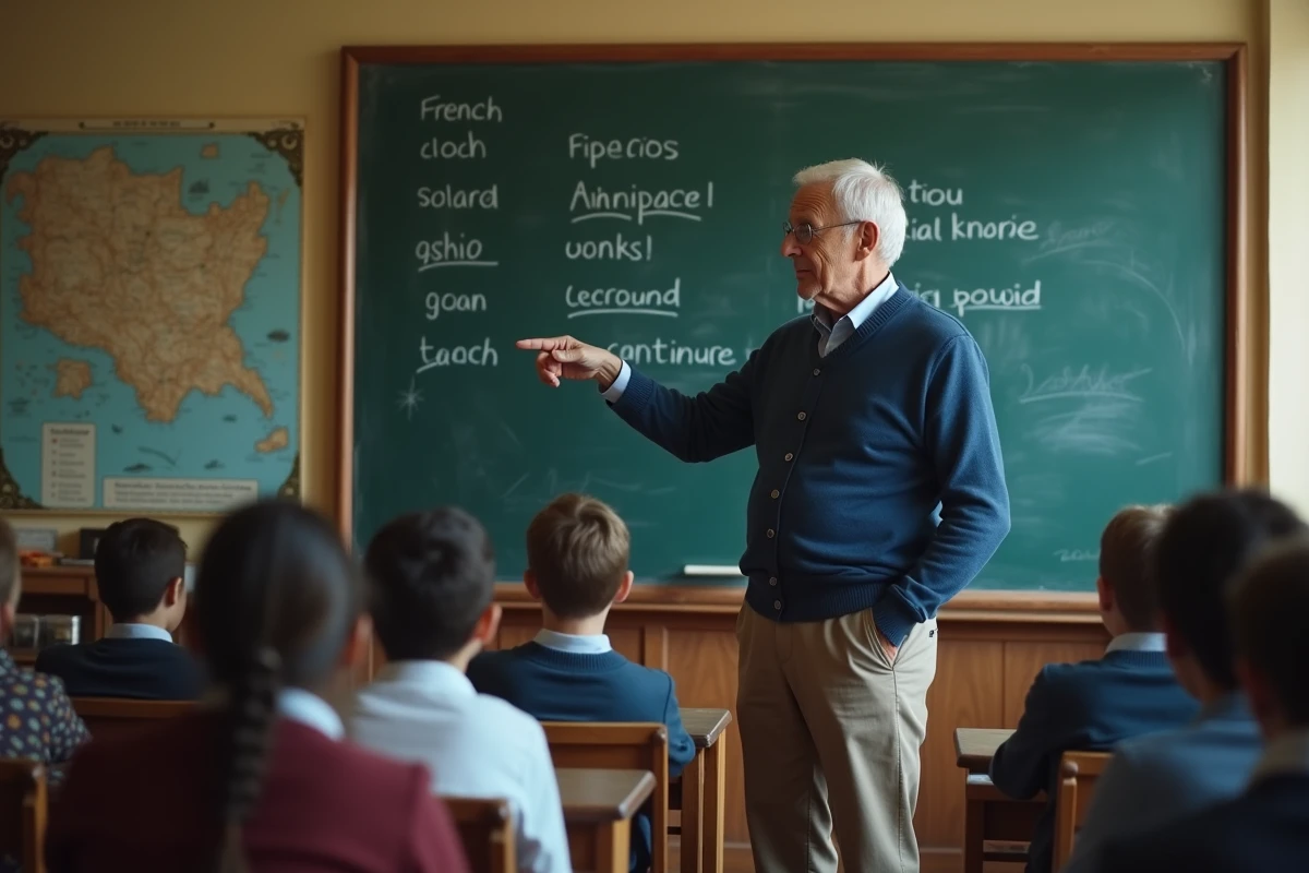 Professeur expliquant des verbes français au tableau