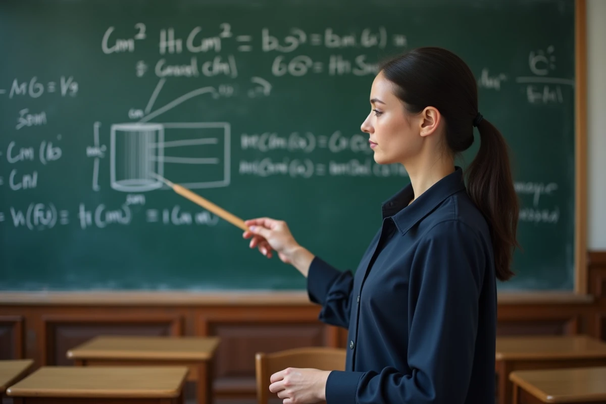 Professeure expliquant le calcul du volume d'un cylindre au tableau dans une salle de classe