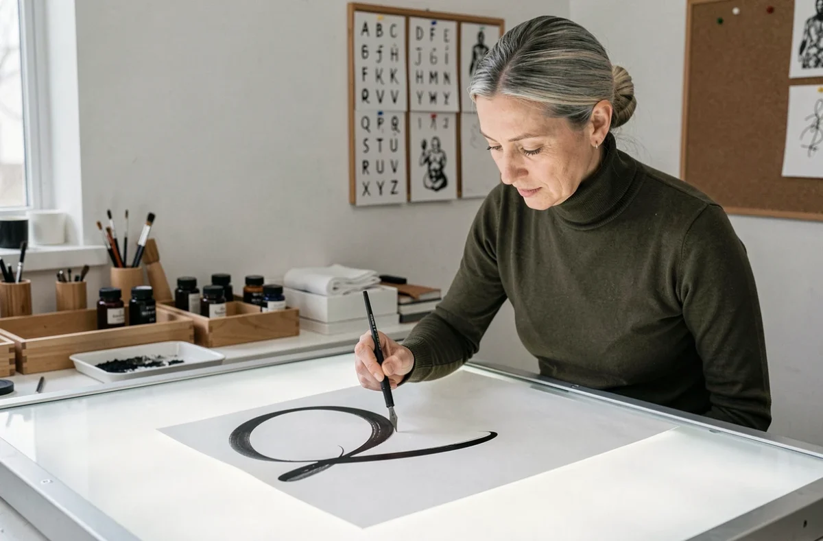 Professeure de calligraphie montrant comment tracer un Q majuscule attaché avec un porte-plume sur une grande carte blanche dans un atelier d'art