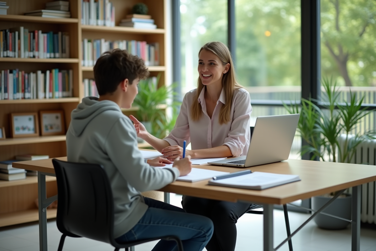 Professeure expliquant un concept à un adolescent en bibliothèque