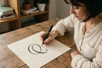 Femme écrivant un Q majuscule attaché en écriture cursive avec un stylo plume sur papier crème, vue en plongée légère sur un bureau en bois