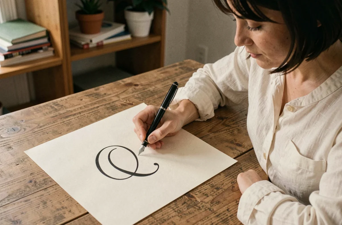 Femme écrivant un Q majuscule attaché en écriture cursive avec un stylo plume sur papier crème, vue en plongée légère sur un bureau en bois