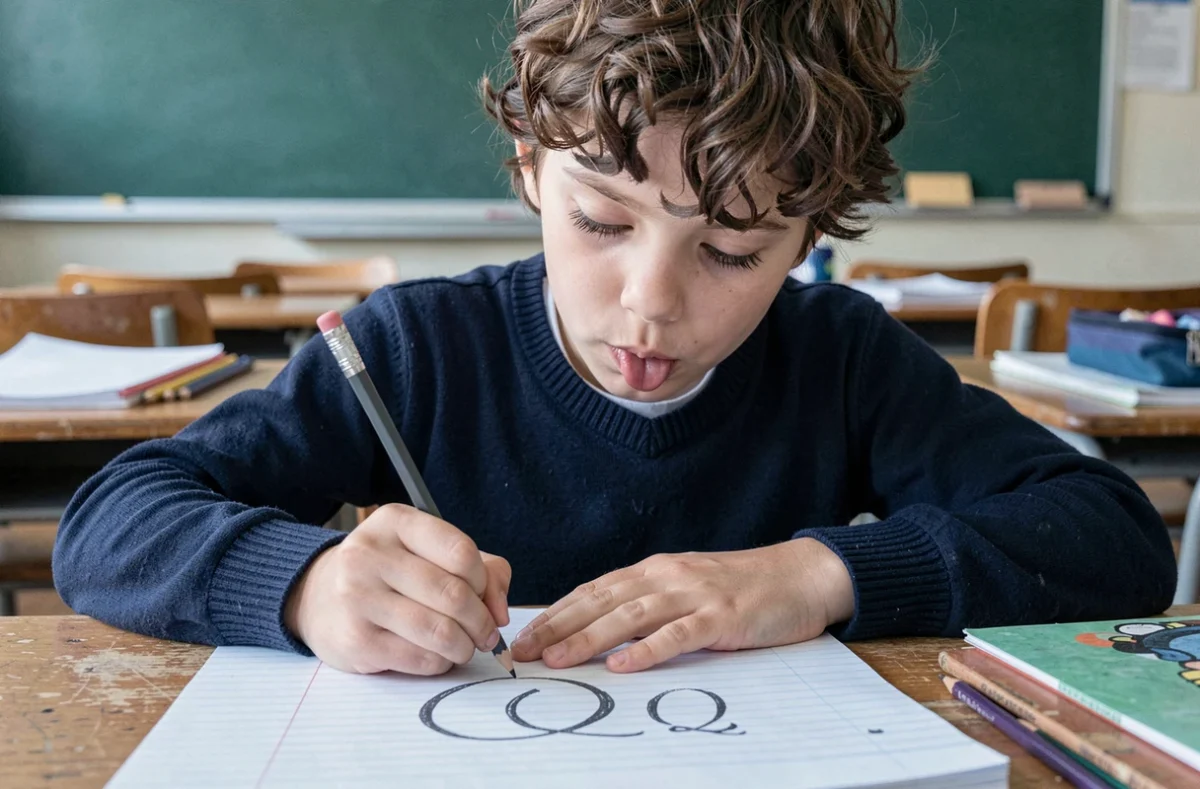 Enfant en classe appliquant l'écriture cursive d'un Q majuscule attaché dans un cahier ligné avec un crayon à papier, prise de vue à hauteur de bureau