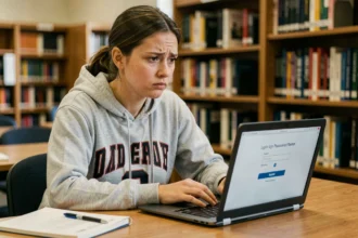 Étudiante frustrée tentant de récupérer son mot de passe oublié sur un portail universitaire en ligne depuis la bibliothèque