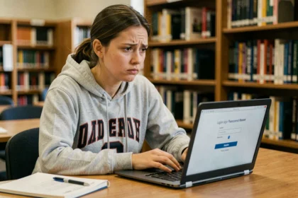 Étudiante frustrée tentant de récupérer son mot de passe oublié sur un portail universitaire en ligne depuis la bibliothèque