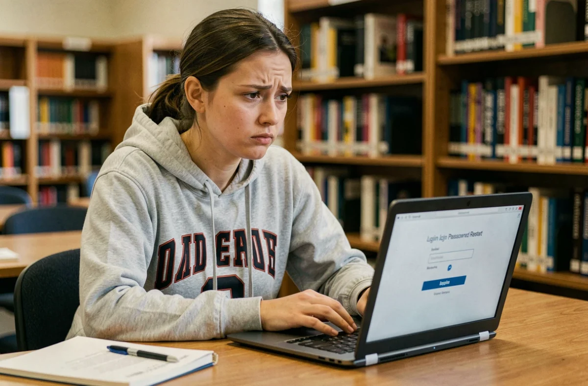 Étudiante frustrée tentant de récupérer son mot de passe oublié sur un portail universitaire en ligne depuis la bibliothèque