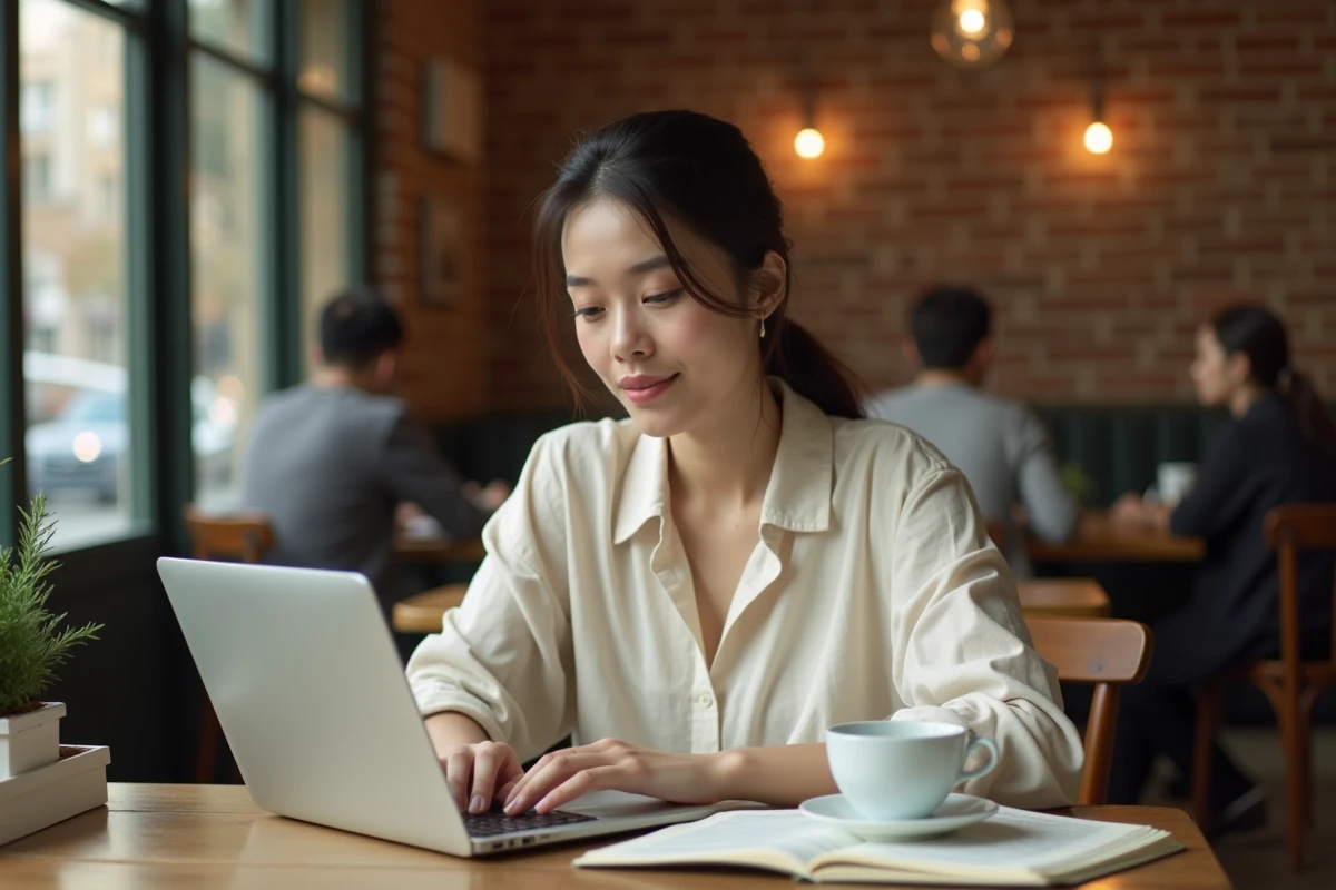 Jeune femme rédigeant une dissertation sur le roman dans un café avec un ordinateur portable et des notes manuscrites