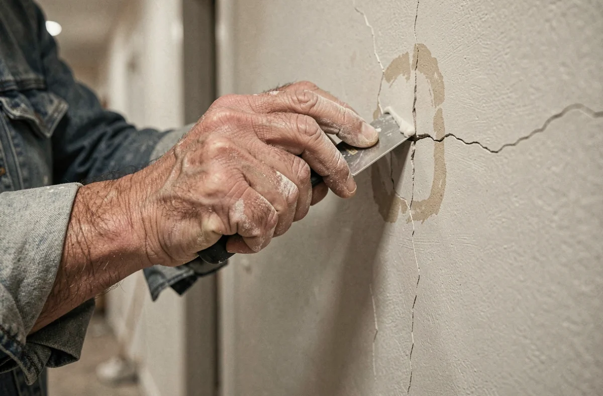 Mains d'un bricoleur appliquant de l'enduit sur une fissure murale avec une spatule flexible