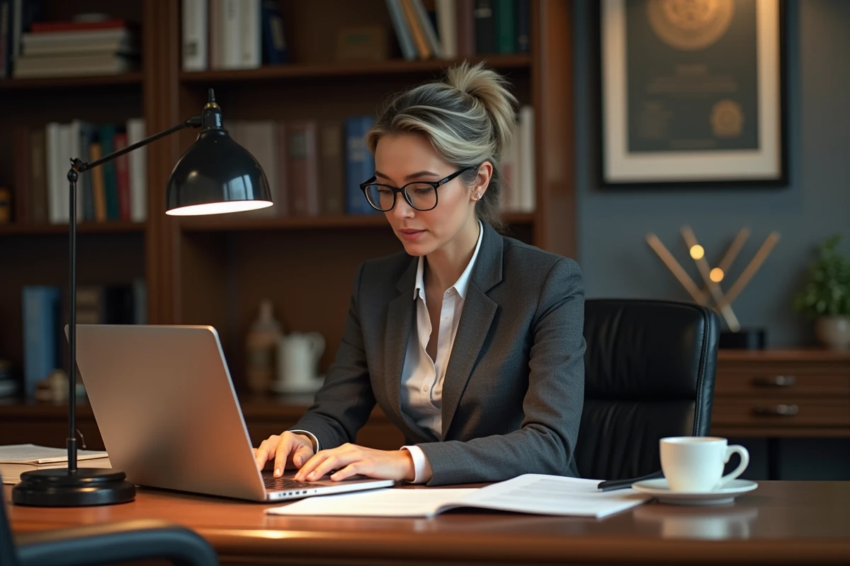 Responsable de stage rédigeant une appréciation professionnelle sur ordinateur dans son bureau privé