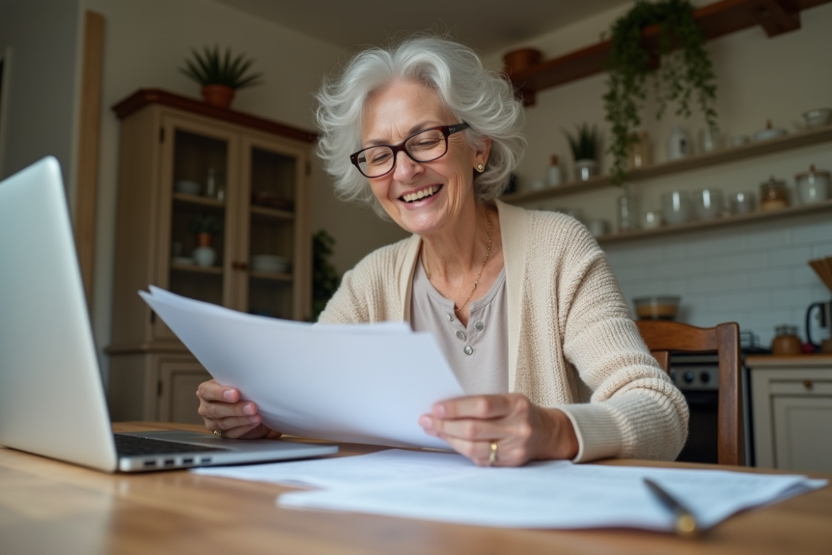 Femme retraitée souriante lisant documents et utilisant un ordinateur