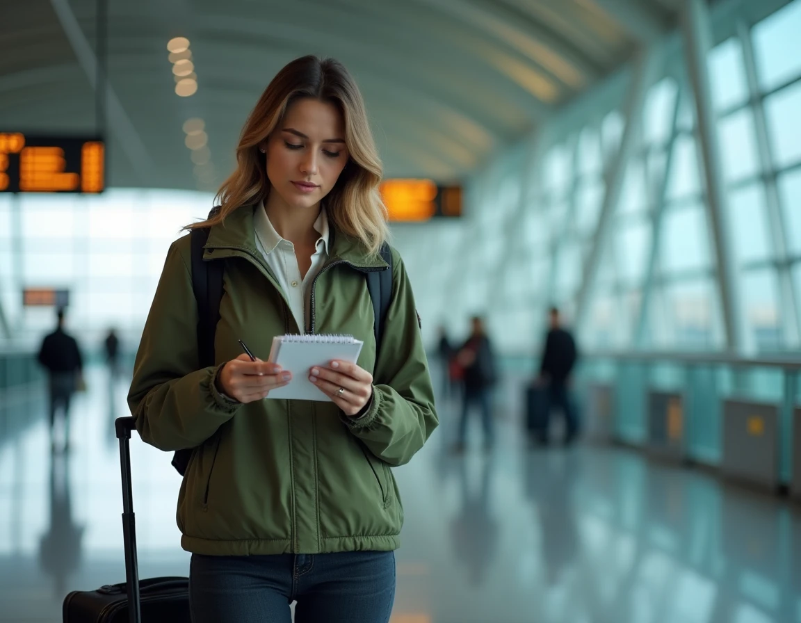 Femme révisant ses notes de vocabulaire en arabe littéraire à l'aéroport avant le départ en voyage