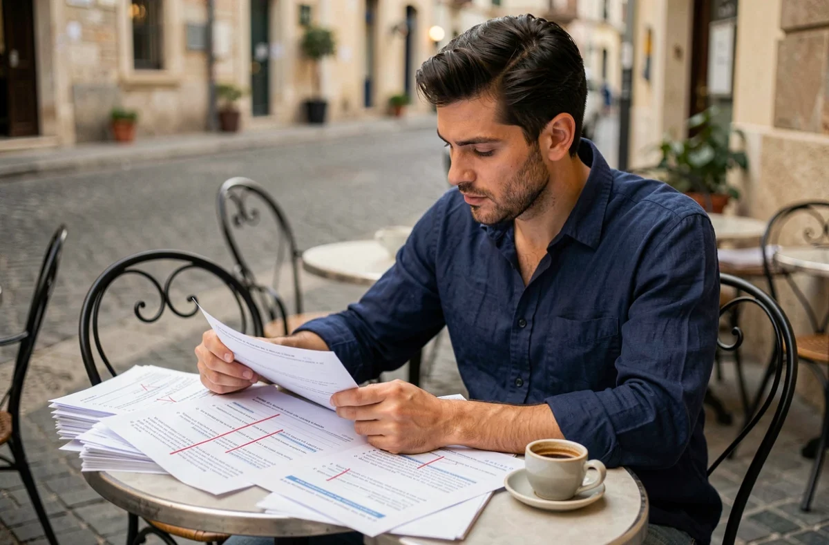Homme révisant des exercices corrigés de conditionnel espagnol en terrasse de café avec feuilles annotées