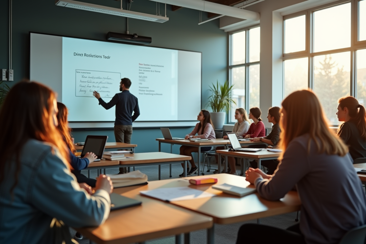 Salle de classe moderne avec enseignants et étudiants utilisant un tableau numérique