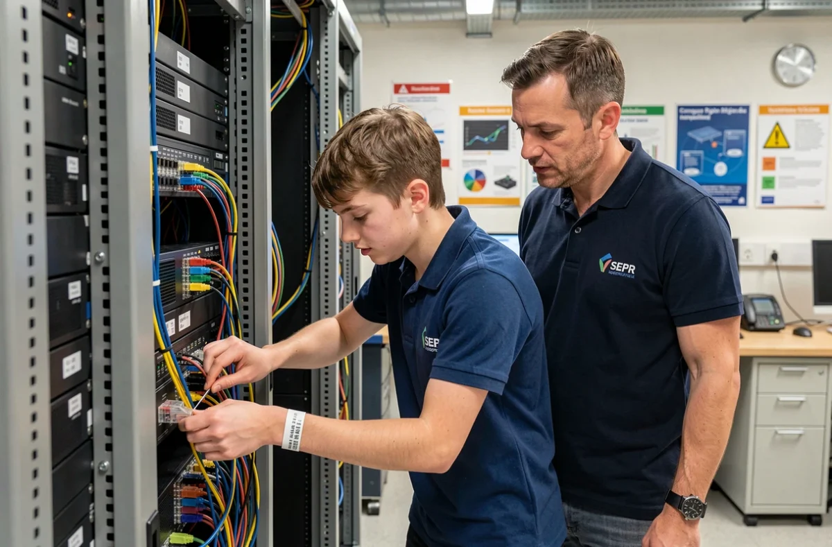 Un lycéen en bac pro cybersécurité et réseaux câble un rack serveur sous la supervision d'un formateur au SEPR Campus Région du numérique