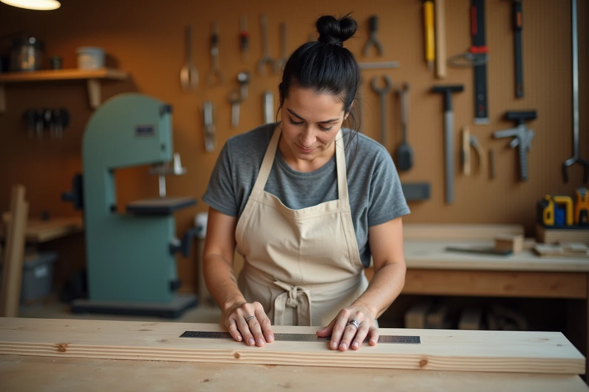 Femme stagiaire mesurant une planche en bois lors d'un atelier de menuiserie en formation CPF Académie du Bricolage