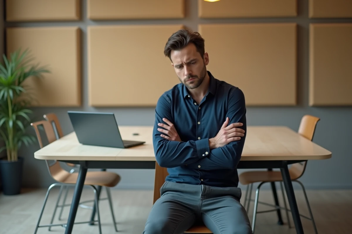 Ancien étudiant témoignant d'une expérience négative dans une école de communication, assis dans un espace de coworking avec une expression sérieuse et désabusée