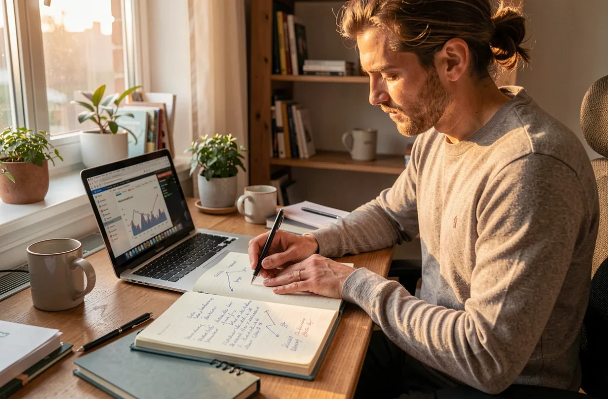 Travailleur indépendant calculant ses revenus à son bureau à domicile