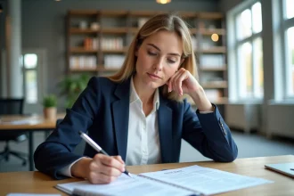 Tuteur de stage évaluant un formulaire d'appréciation dans un bureau professionnel moderne