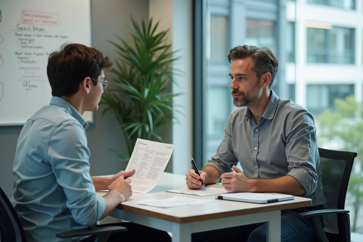 Tuteur et stagiaire discutant de l'appréciation de fin de stage autour d'un document d'évaluation