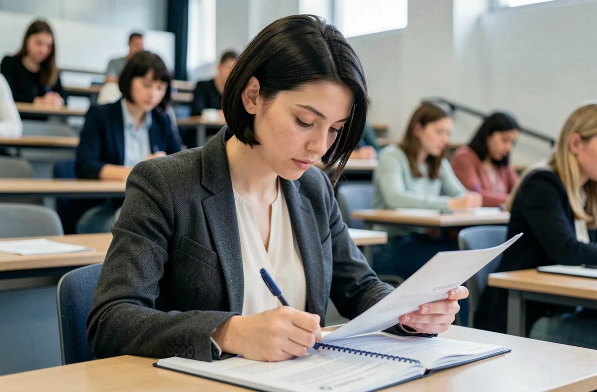 Étudiante en licence professionnelle en alternance prenant des notes dans un amphithéâtre de l'Université de Rennes