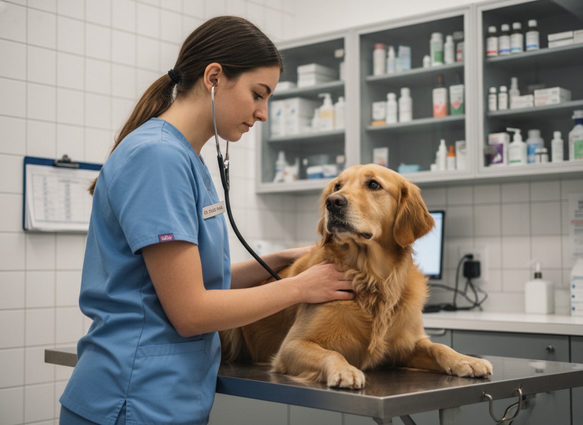 Vétérinaire examinant un golden retriever en clinique